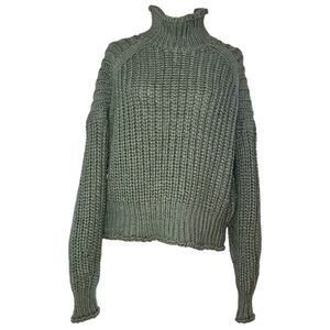 H&M‎ Women M Green Chunky Knit Turtleneck Sweater Cropped Relaxed Fit Wool Blend